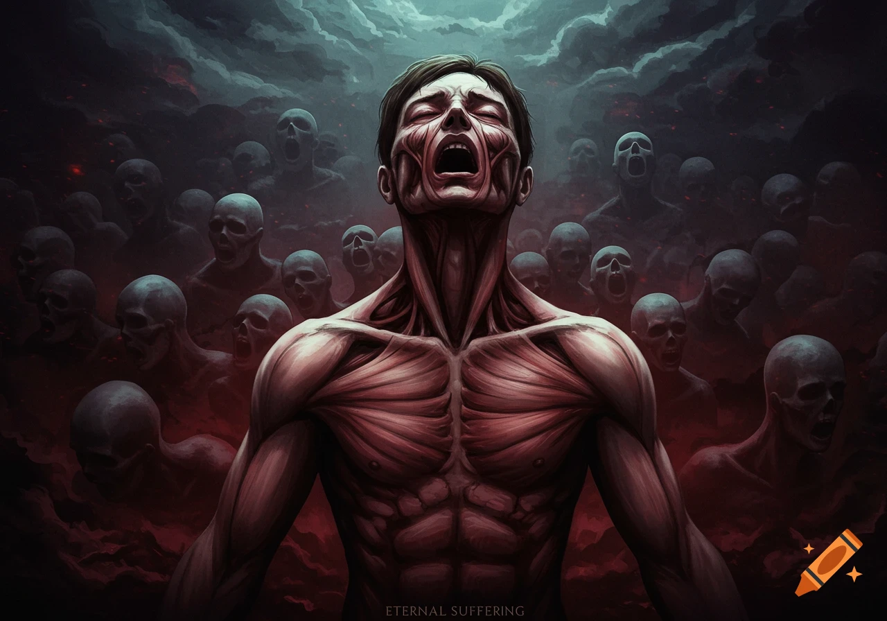 A skinned figure screams in anguish among distorted, screaming figures in a dark, macabre environment.