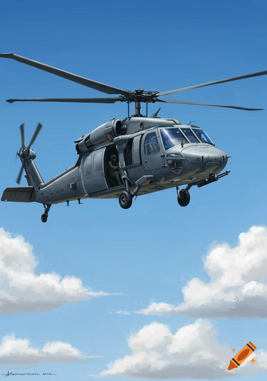 A gray military helicopter flies in a clear blue sky with scattered clouds.