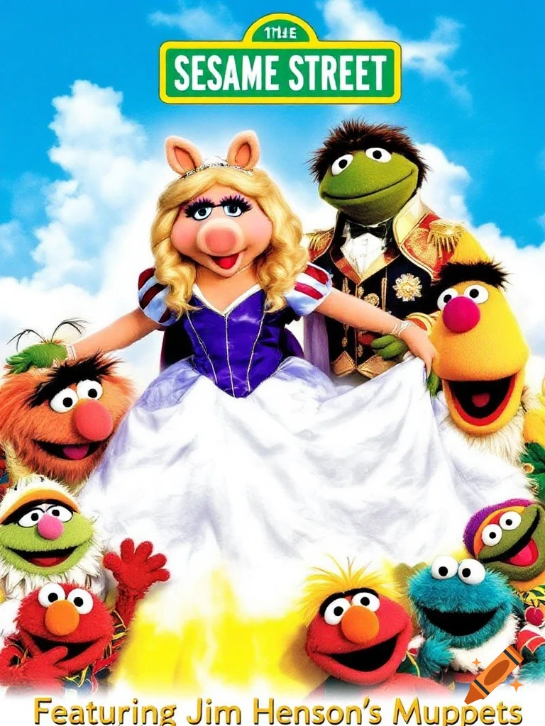 Miss Piggy as Snow White and Kermit as Prince Charming with other Muppets in a movie poster parody.