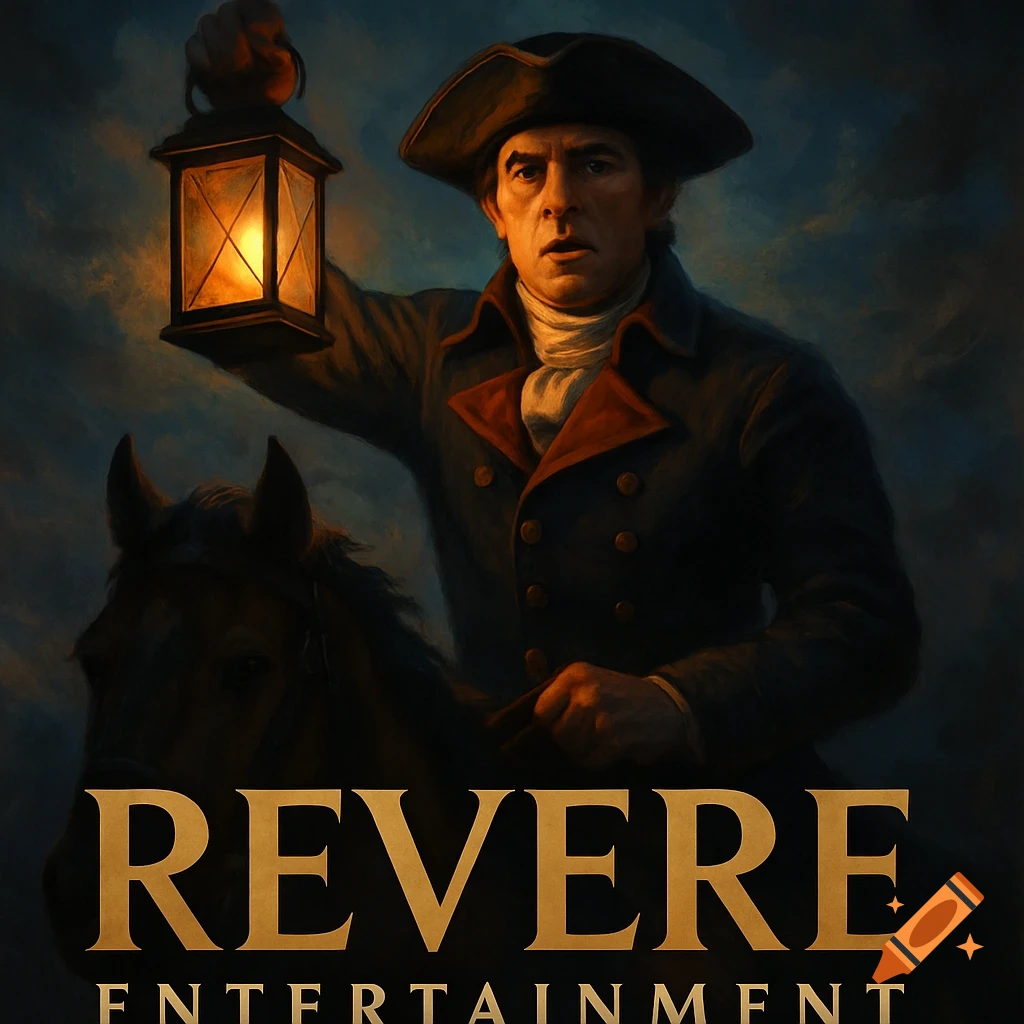 Illustration of a man in a tricorn hat riding a horse at night, holding a lit lantern, with text overlay.