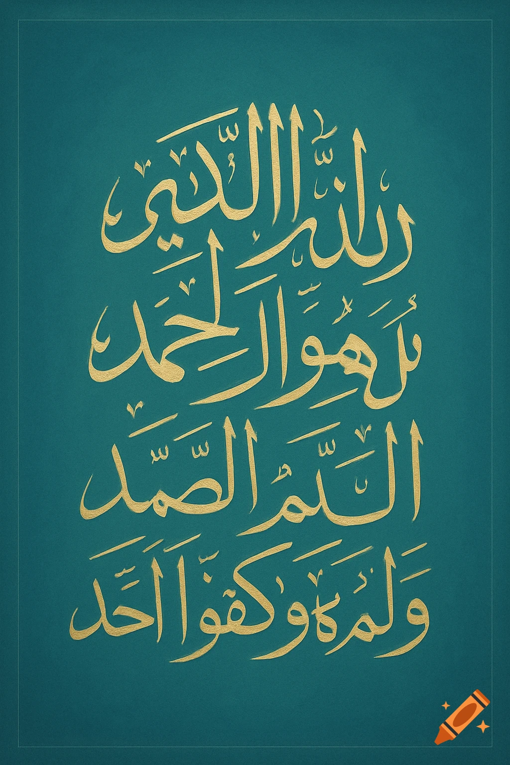 Gold Arabic calligraphy of Surah Al-Ikhlas on a teal background.