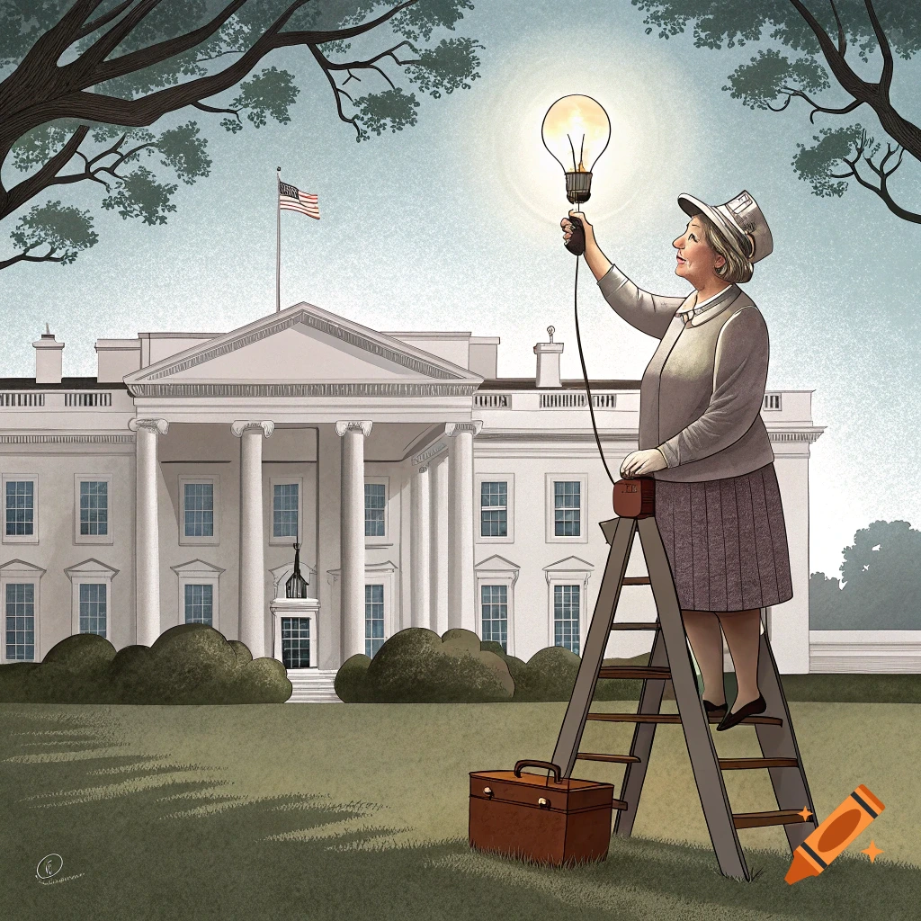Cartoon of a woman resembling Queen Elizabeth II on a ladder fixing a lightbulb at the White House.