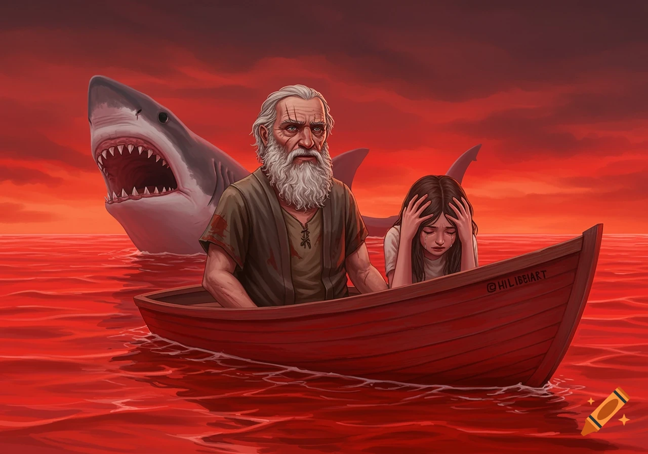 Illustration of an old man and a crying girl in a boat on red water, threatened by a large shark.