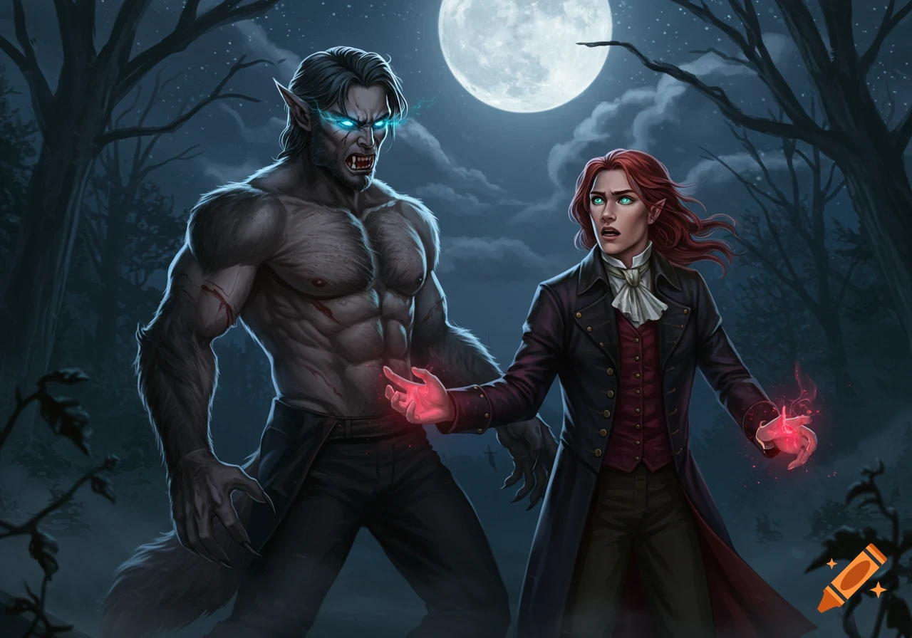 A powerful werewolf with glowing eyes stands opposite a mage with glowing hands in a dark forest under a full moon.