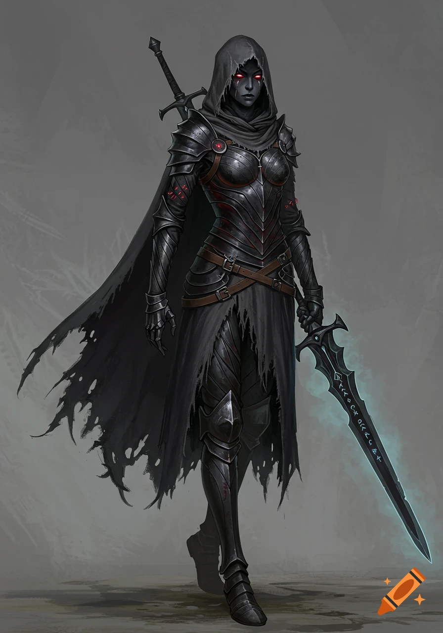 Dark fantasy illustration of a hooded female warrior in black armor ...
