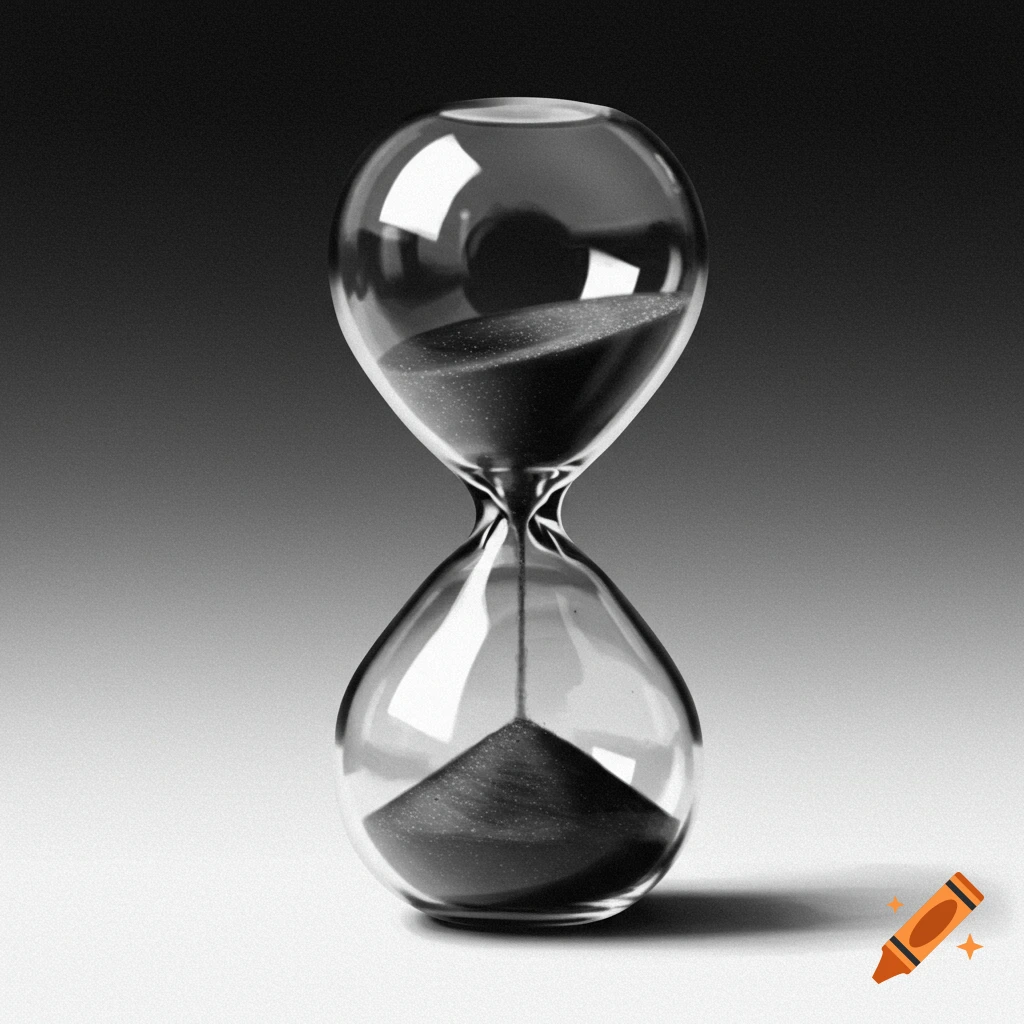 A black and white image of an hourglass with sand flowing.
