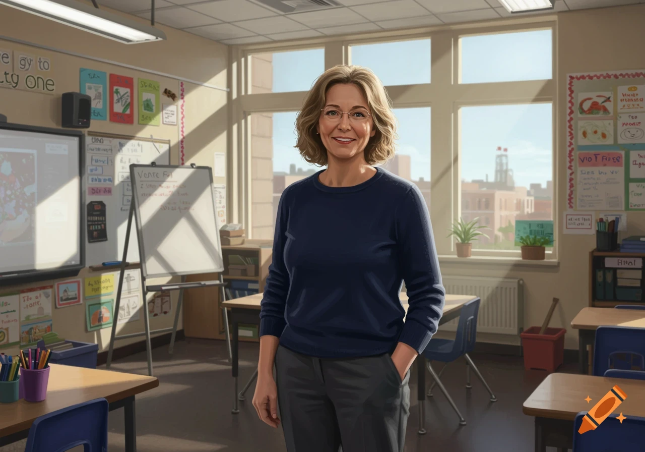 A teacher smiles while standing in a bright classroom.