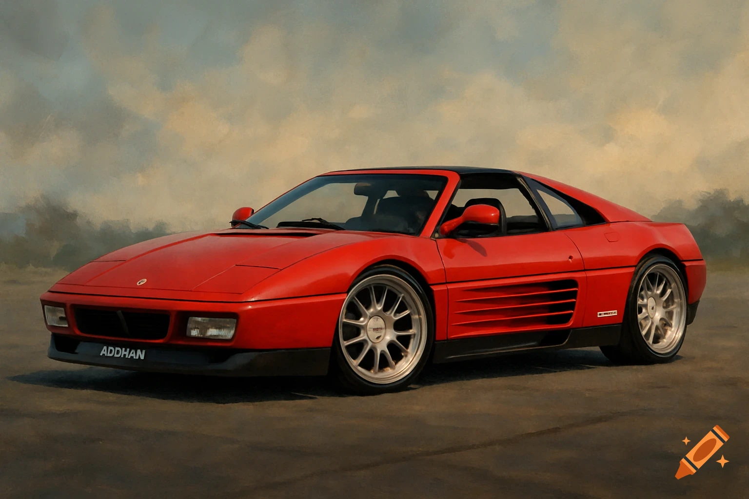 Red Ferrari 348ts sports car with aftermarket wheels in a painterly style.