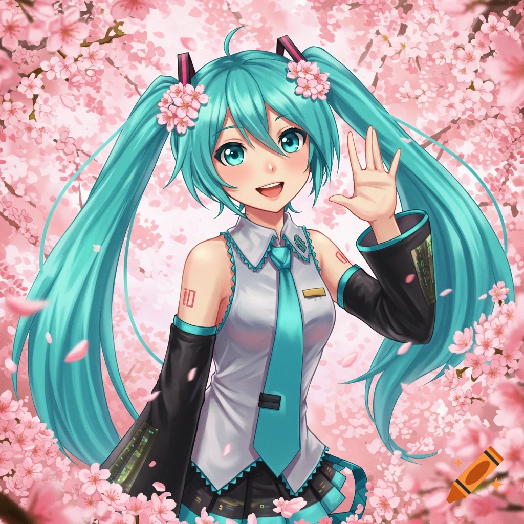 Hatsune Miku smiling and waving among pink cherry blossoms