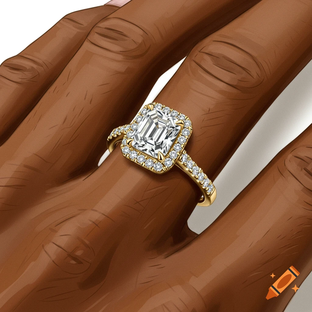 A hand with brown skin wears a gold ring with a radiant cut diamond and pave halo.