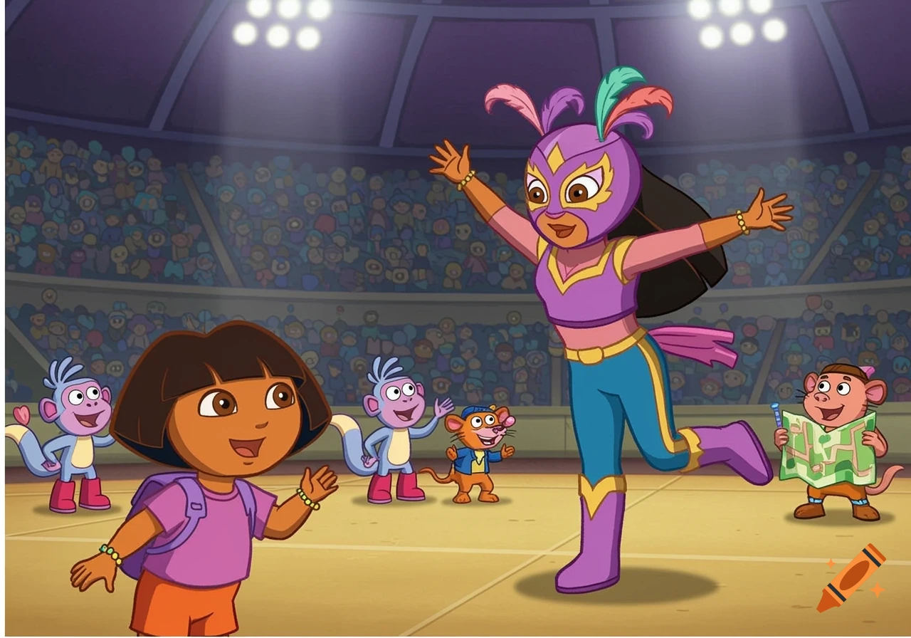 Cartoon of Dora the Explorer and friends watching a masked luchador in an arena.