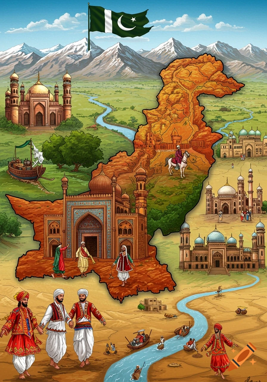Illustrated map of Pakistan showing landmarks, landscapes, people, and ...