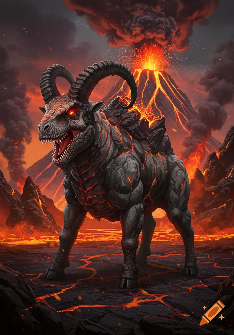 Fantasy creature with goat horns, rocky skin, and glowing lava cracks stands in a volcanic landscape with an erupting volcano.