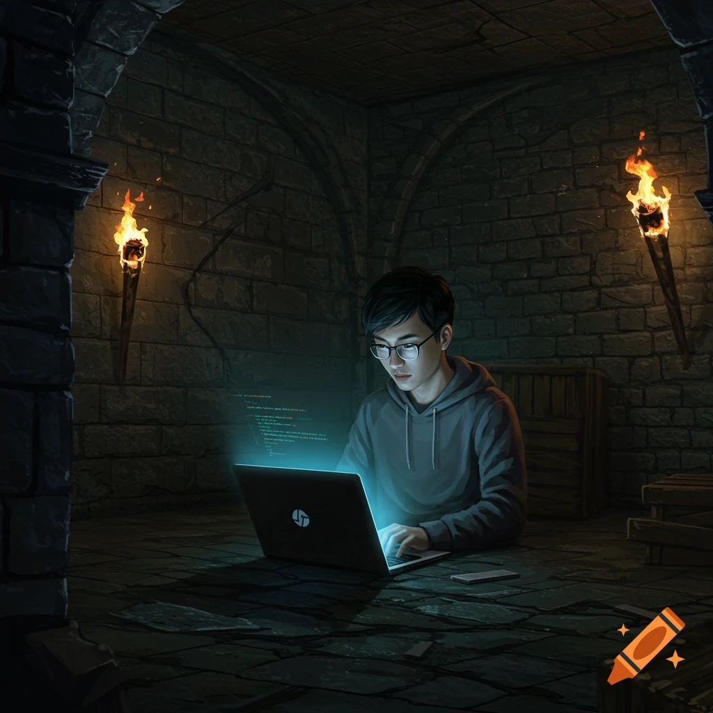 A person coding on a laptop in a dark dungeon lit by torches.