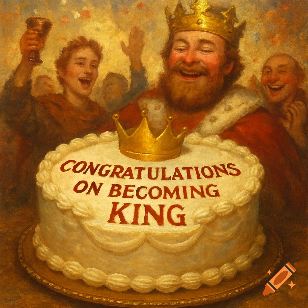 A king and others celebrate around a cake with 'Congratulations on becoming king' written on it, in a painted style.