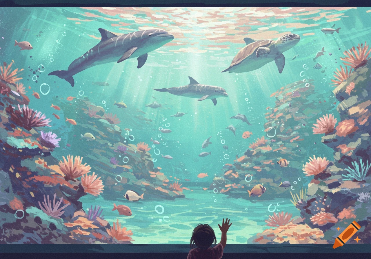Painted illustration of a child watching dolphins, a turtle, and fish in a colorful coral reef aquarium.