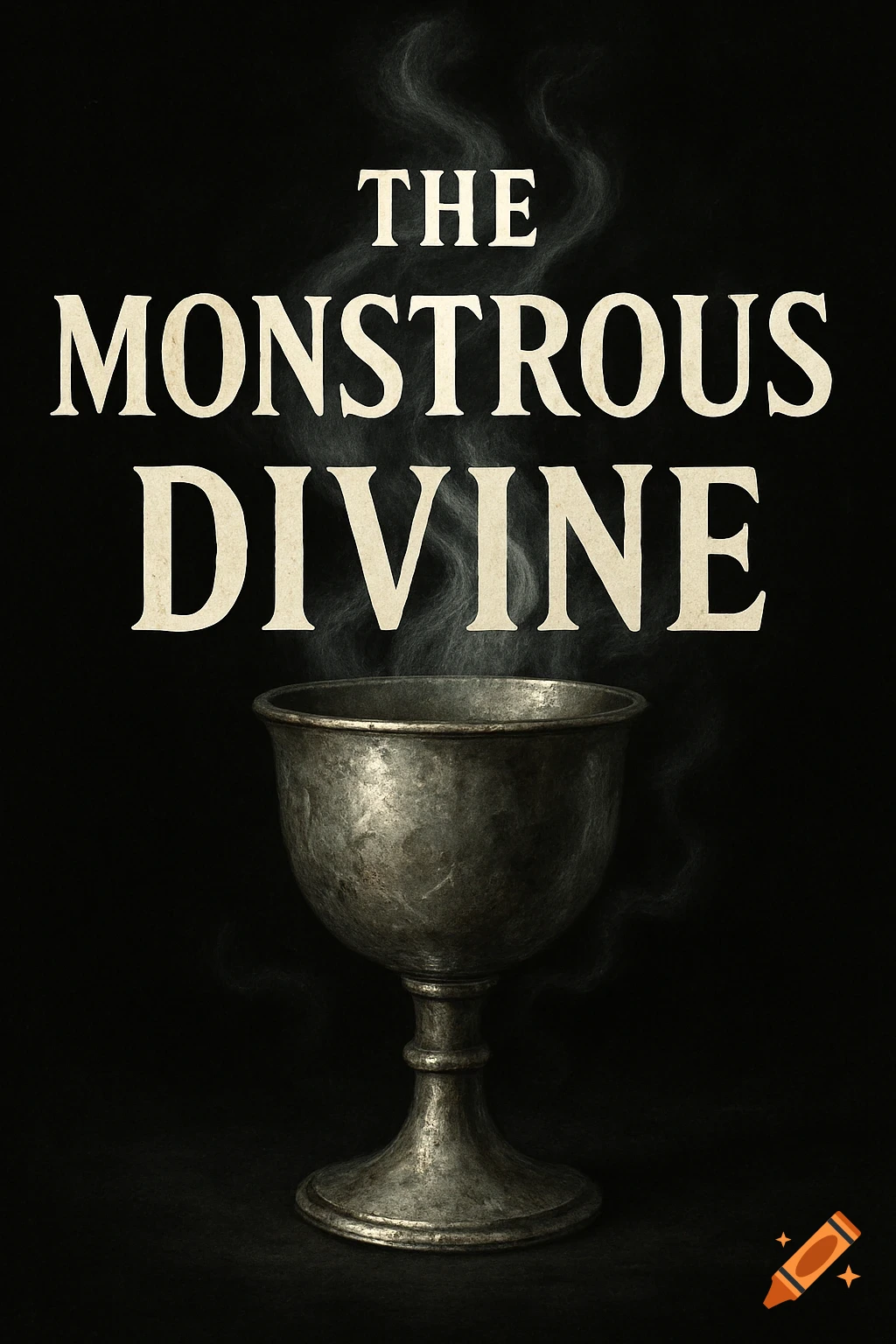 Book cover for 'The Monstrous Divine' with a smoking silver chalice on black background.