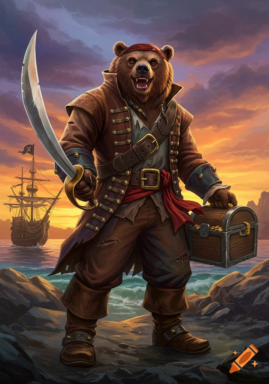 A bear pirate holding a sword and treasure chest stands on rocks by the sea with a pirate ship and sunset behind him.