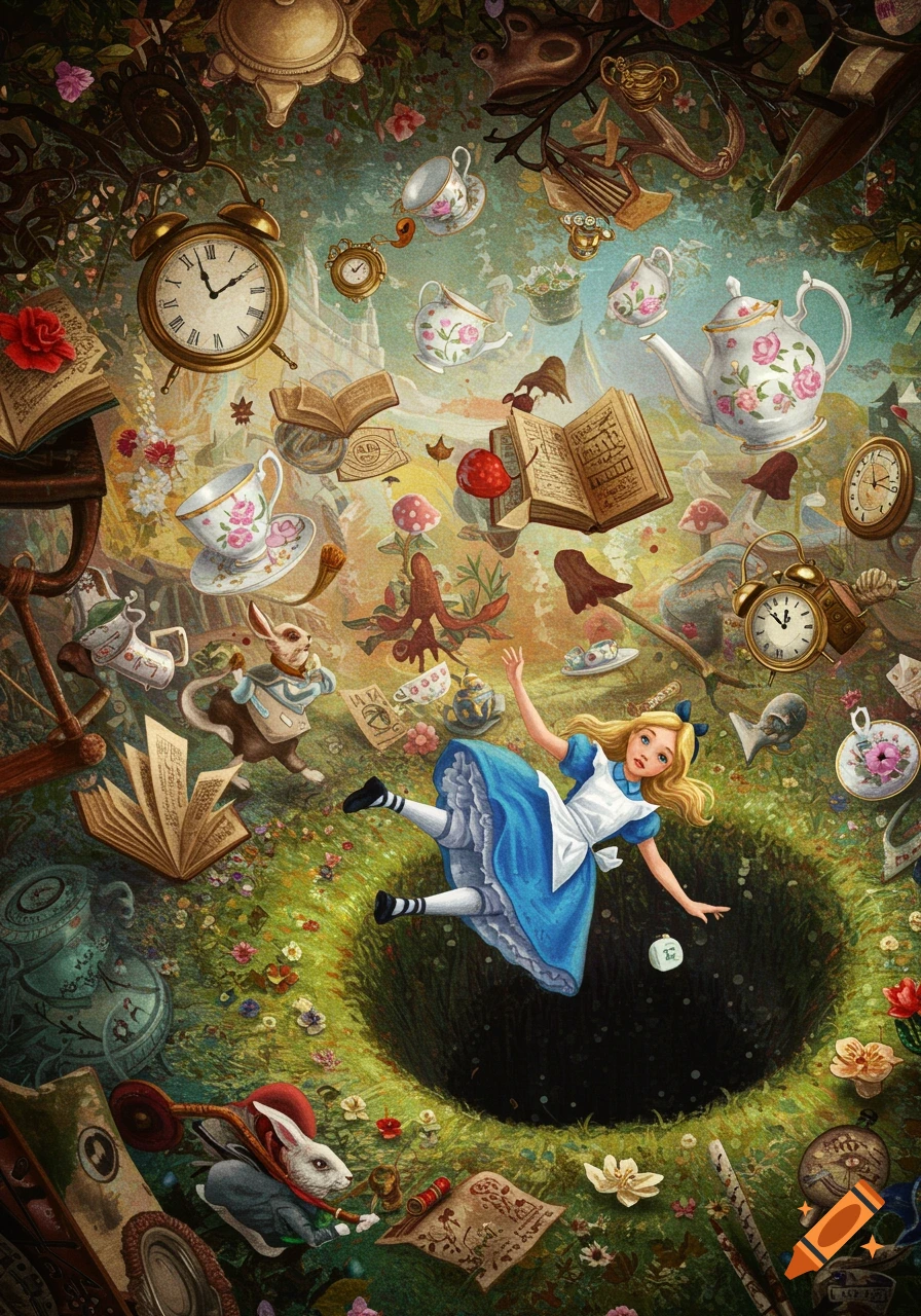 Illustration of Alice falling down the rabbit hole surrounded by clocks, teacups, books, and rabbits.