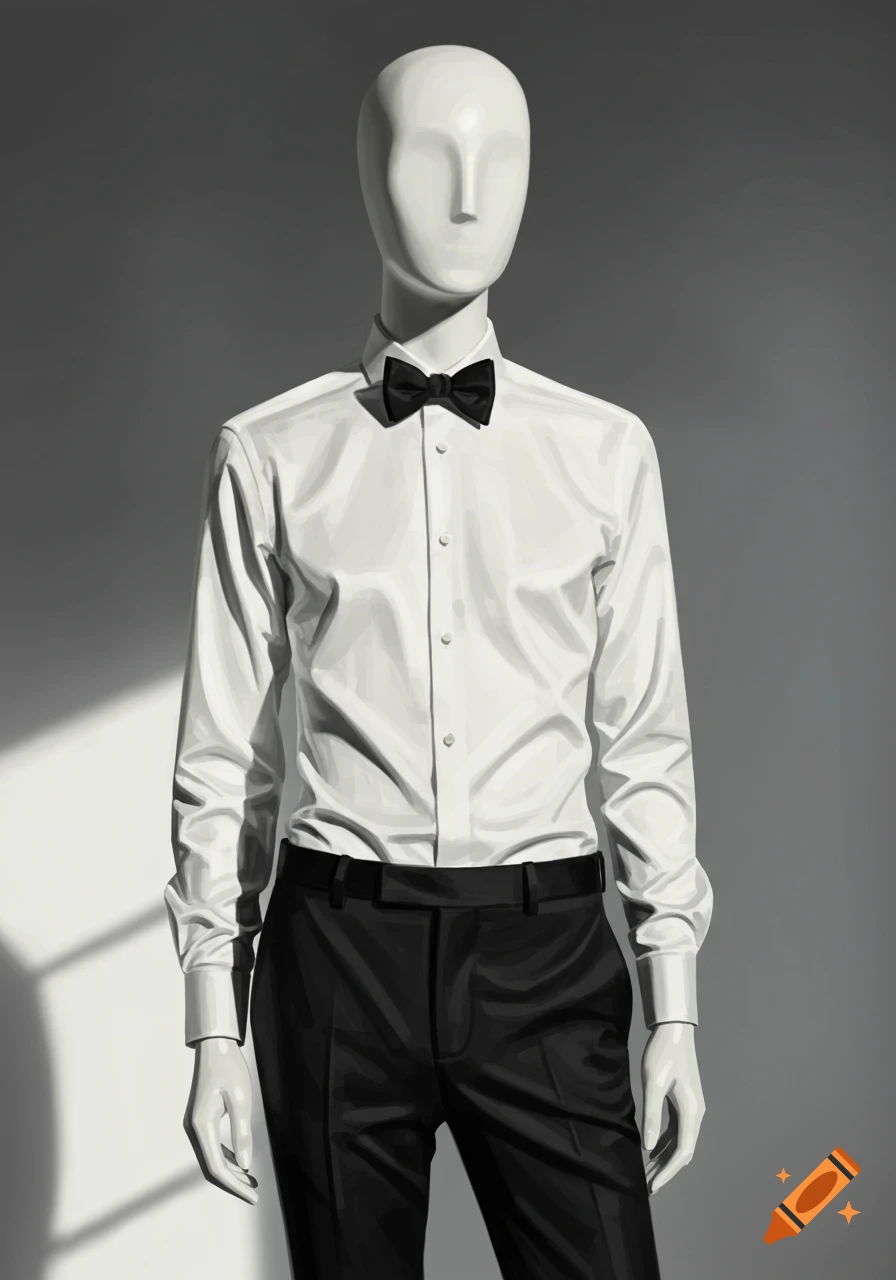 A mannequin wearing a white button-down shirt, black bow tie, and black pants.