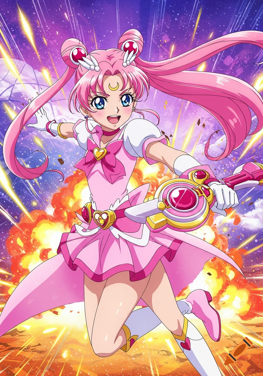 Anime girl in pink magical girl outfit with a staff against an explosion background.