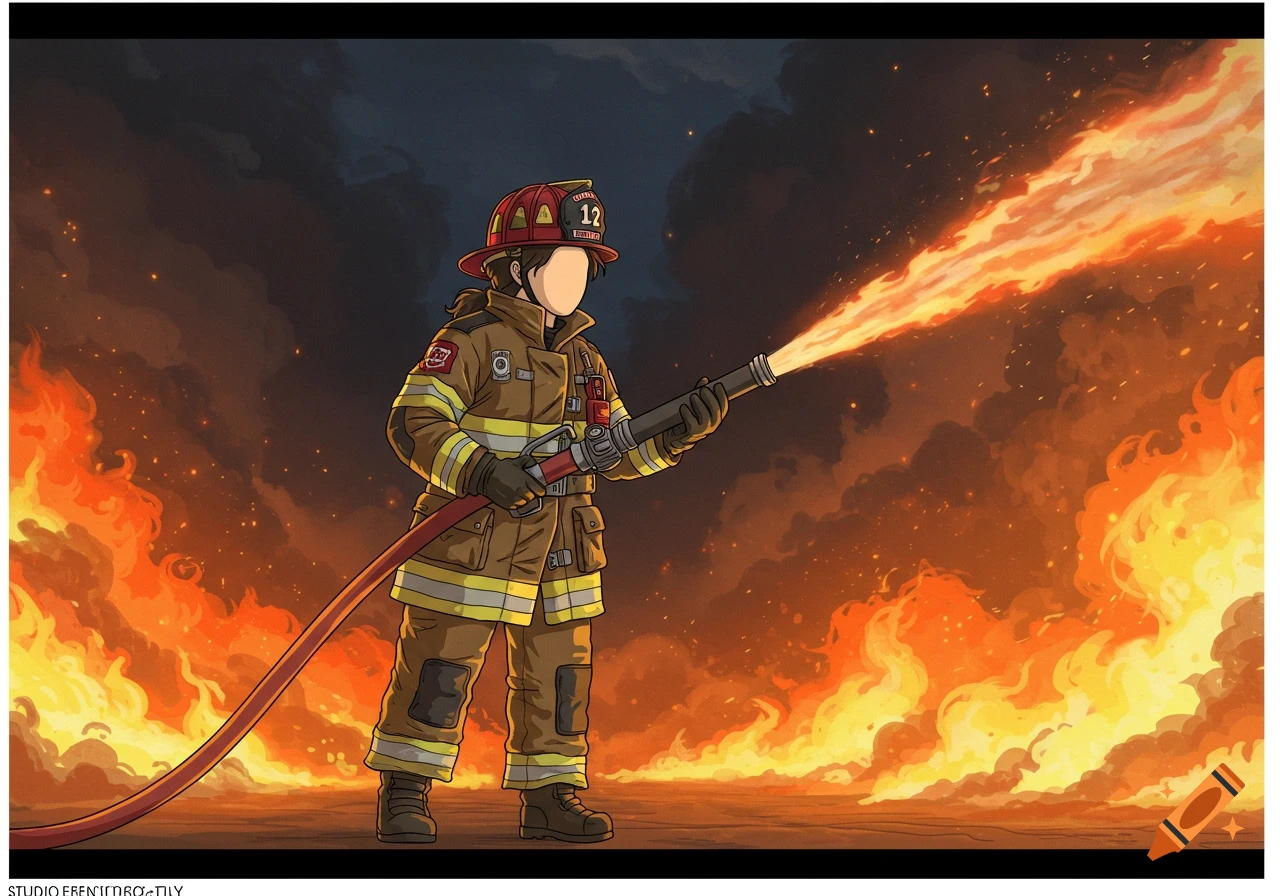 Anime style firefighter with a blank face puts out a large fire with a hose.