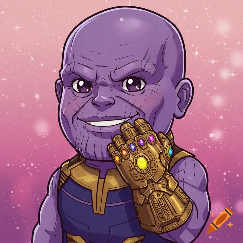 Chibi Thanos wearing the Infinity Gauntlet and smiling.