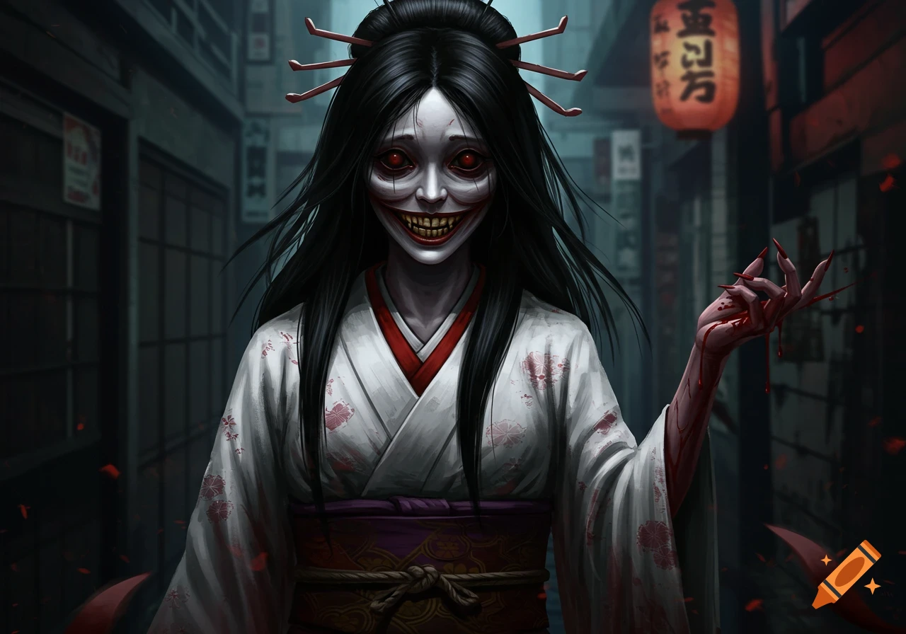 A creepy figure resembling Kuchisake-Onna with a wide grin and blood-stained hands stands in a dark Japanese street.