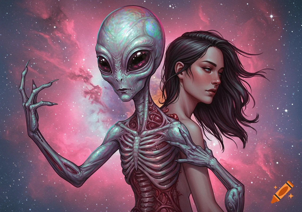 Grey alien with exposed ribs and a woman against a pink nebula in space.