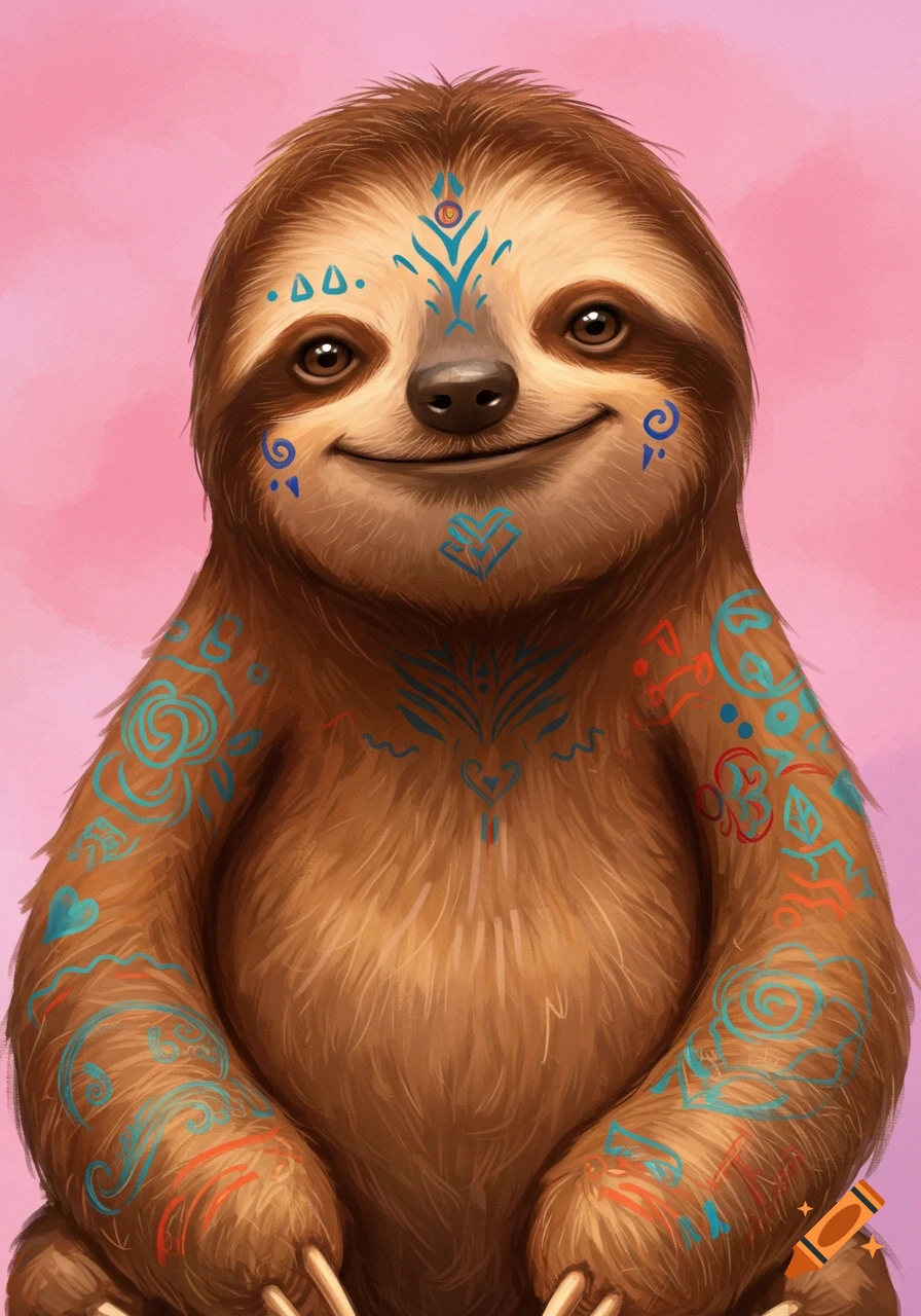 A happy sloth with colorful tattoos on a pink background. Digital illustration.