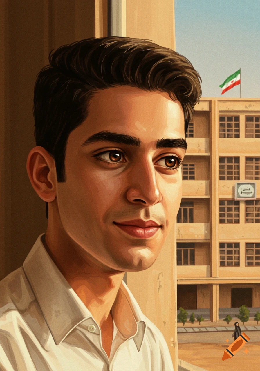 A painted portrait of a young man looking towards a building with an Iranian flag.