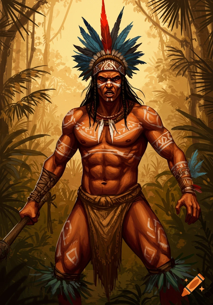 Muscular tribal warrior with face paint and feather headdress stands in a jungle clearing. Digital illustration.