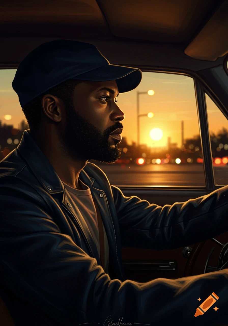 Illustrative portrait of a man driving a car at sunset