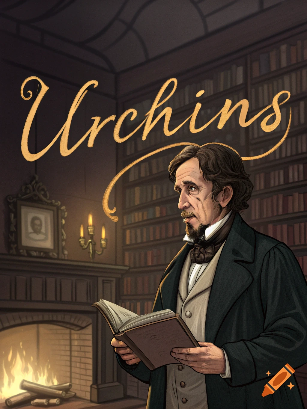 Illustration of Charles Dickens reading a book in a library with the title "Urchins".