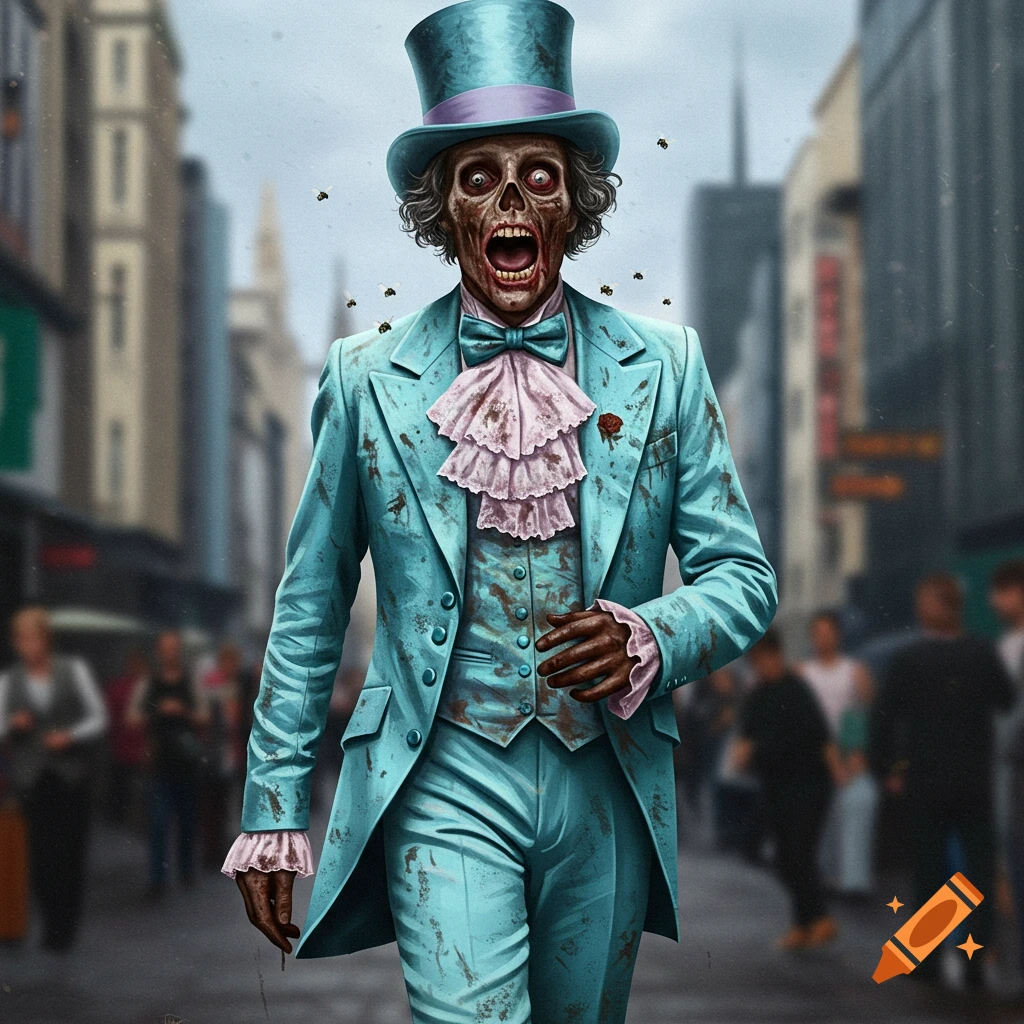 Zombie in a blue suit and top hat walks in a city street with flies around his head.