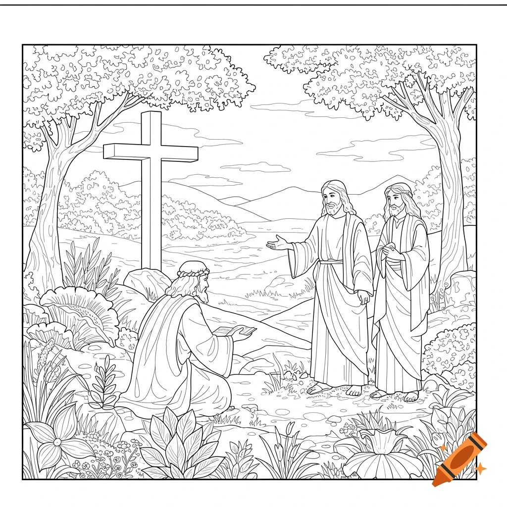 Three figures with a cross in a landscape, line art coloring page