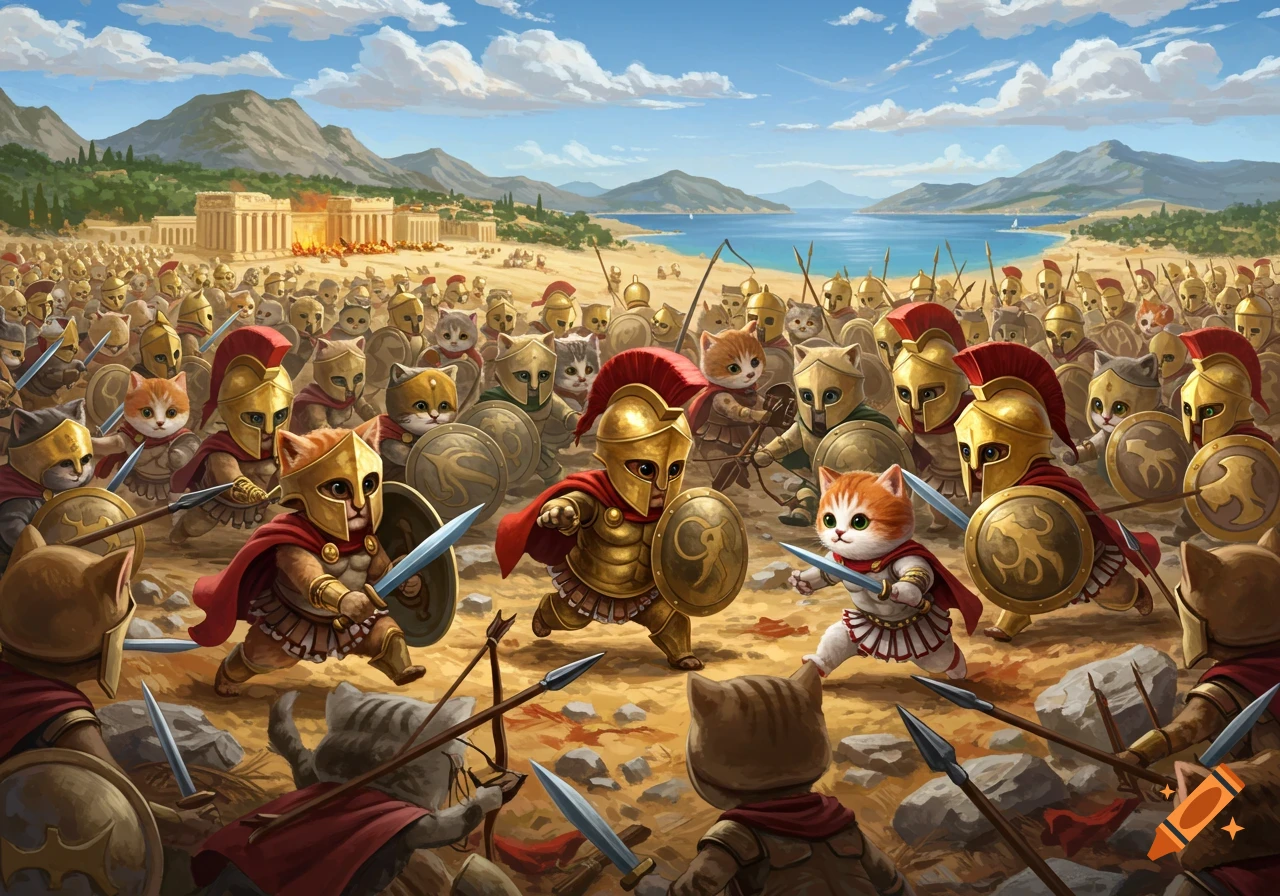 An army of cute kittens in Spartan armor fights on a battlefield near an ancient temple and coast.
