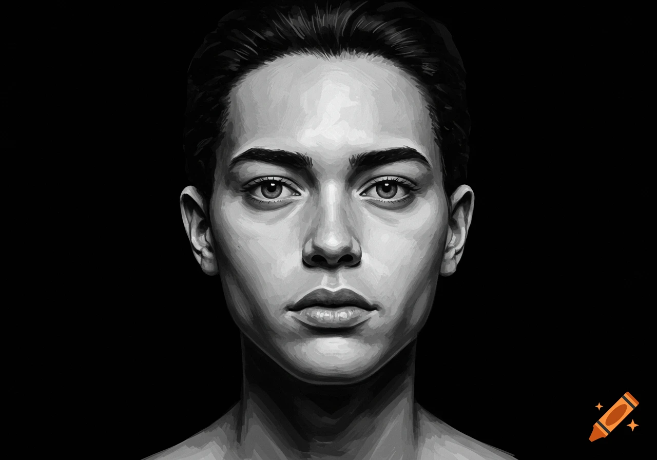Black and white digital painting of a young person's face.