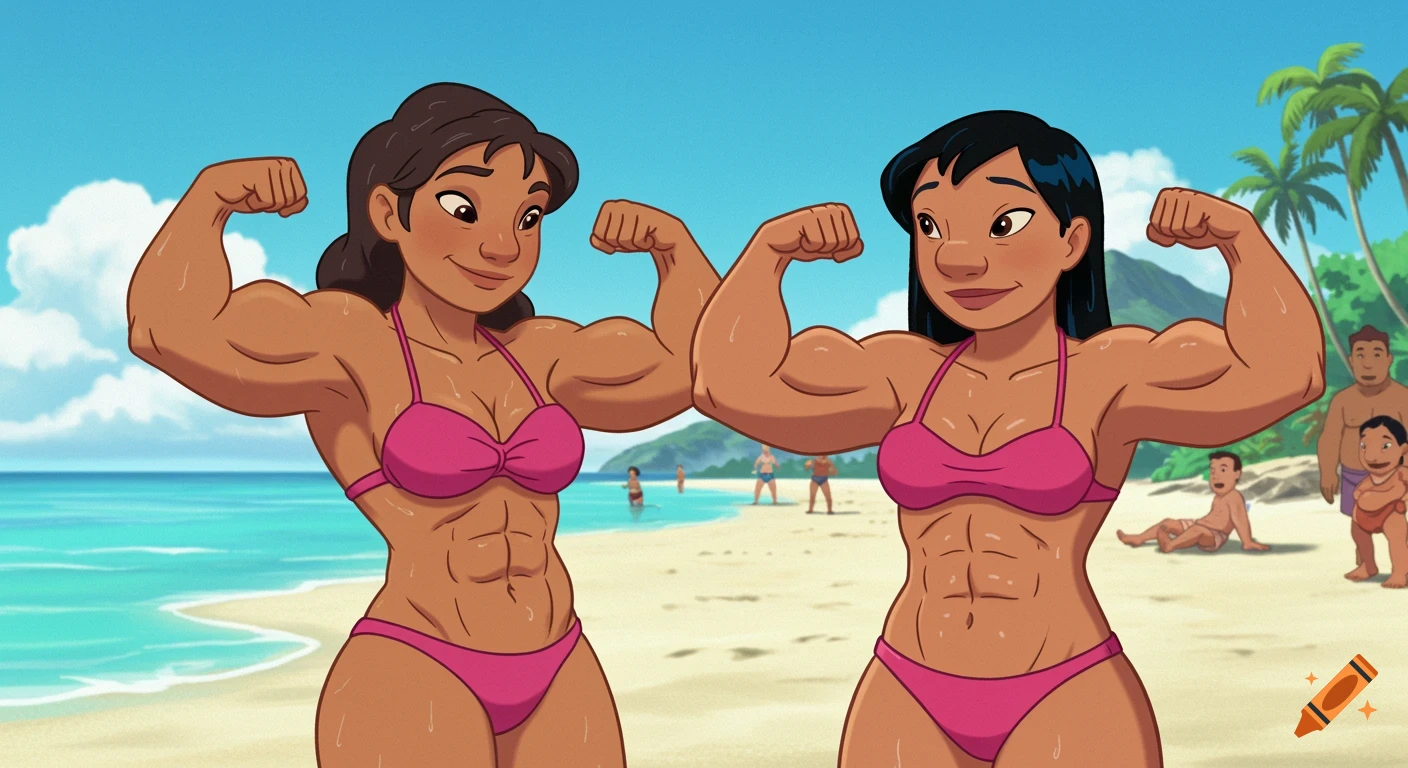 Two muscular cartoon women resembling Lilo and Nani in bikinis flexing on a beach.