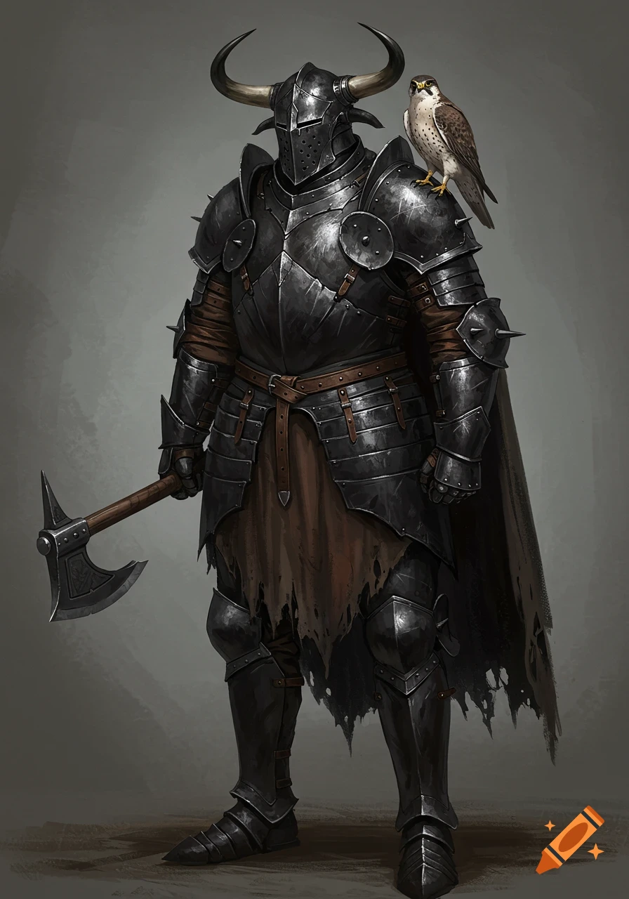 Illustration of a large knight in black armor with horned helmet, a falcon on his shoulder, holding a war axe.