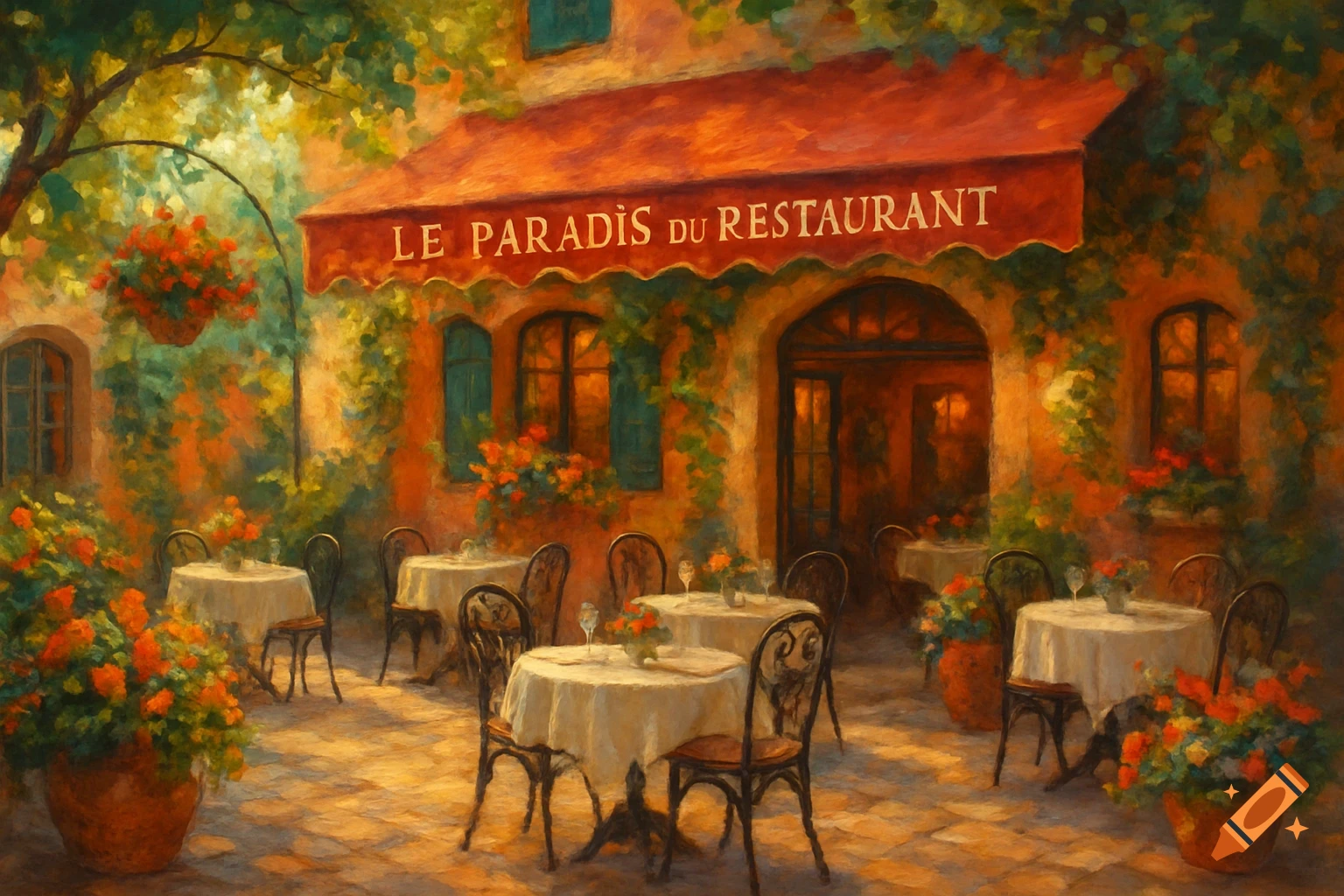 A painterly image of a patio restaurant with tables and chairs under an awning.