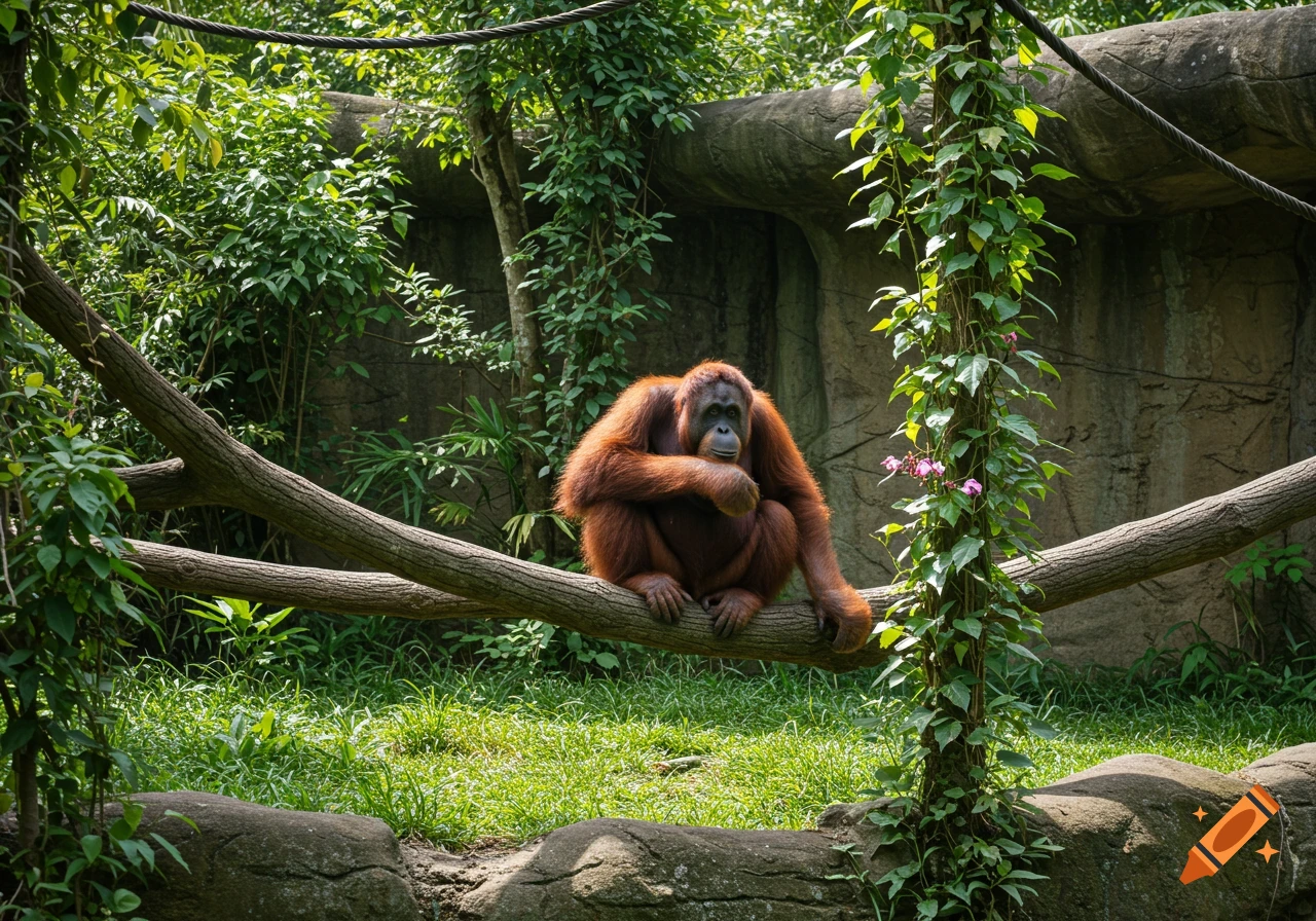 An orangutan sits on a tree branch in a zoo rainforest habitat.