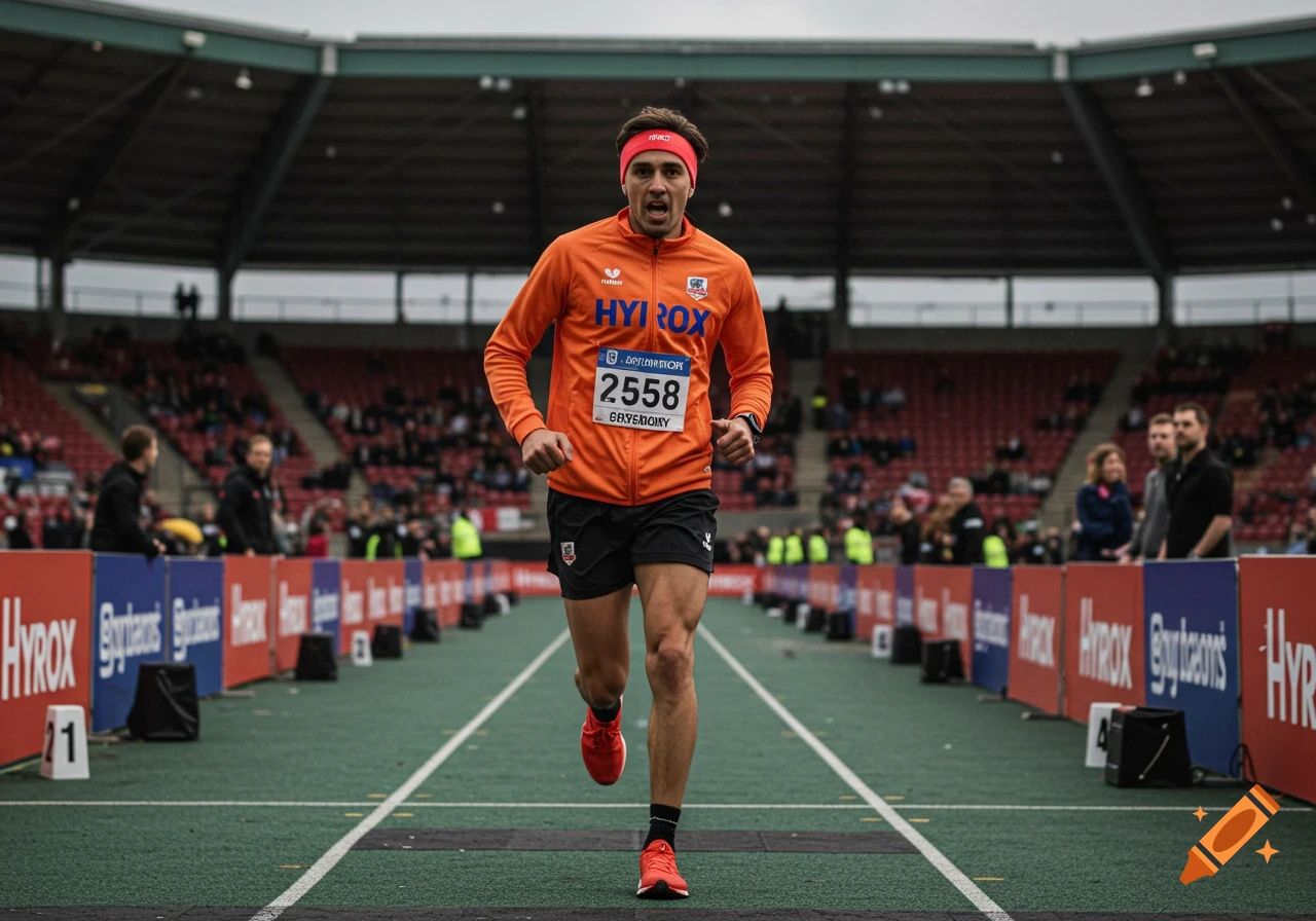 Male runner in orange jacket and black shorts crosses the finish line with bib number 2558 during a race in a stadium