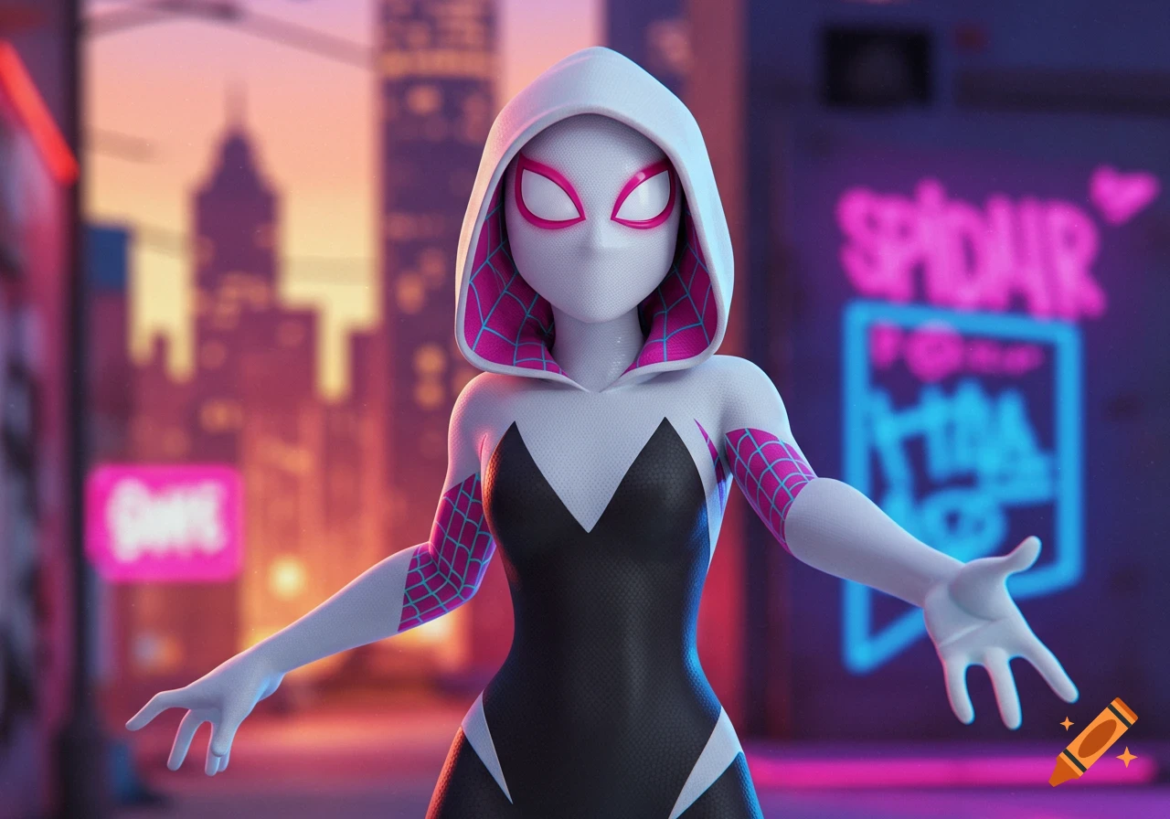 Gwen Stacy in her Spider-Gwen suit stands in front of a blurry cityscape with neon lights.