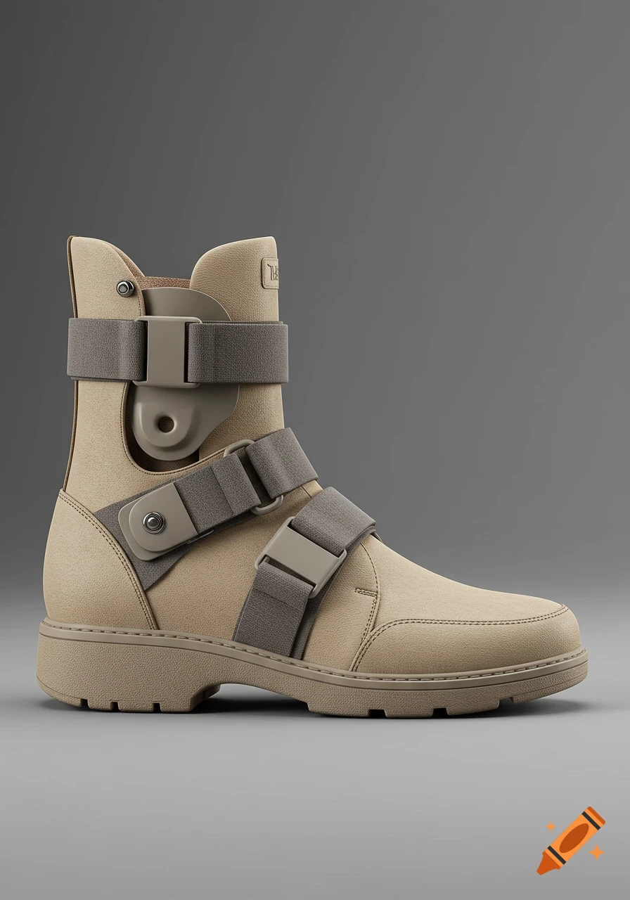 Photorealistic orthopedic boot with straps and buckles.