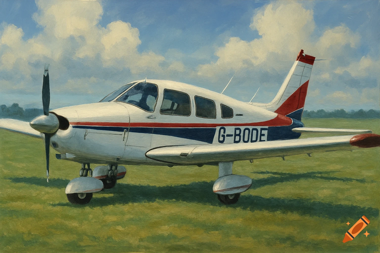 A white Piper PA-28 airplane with blue and red stripes on a grassy field under a cloudy sky, painterly style.