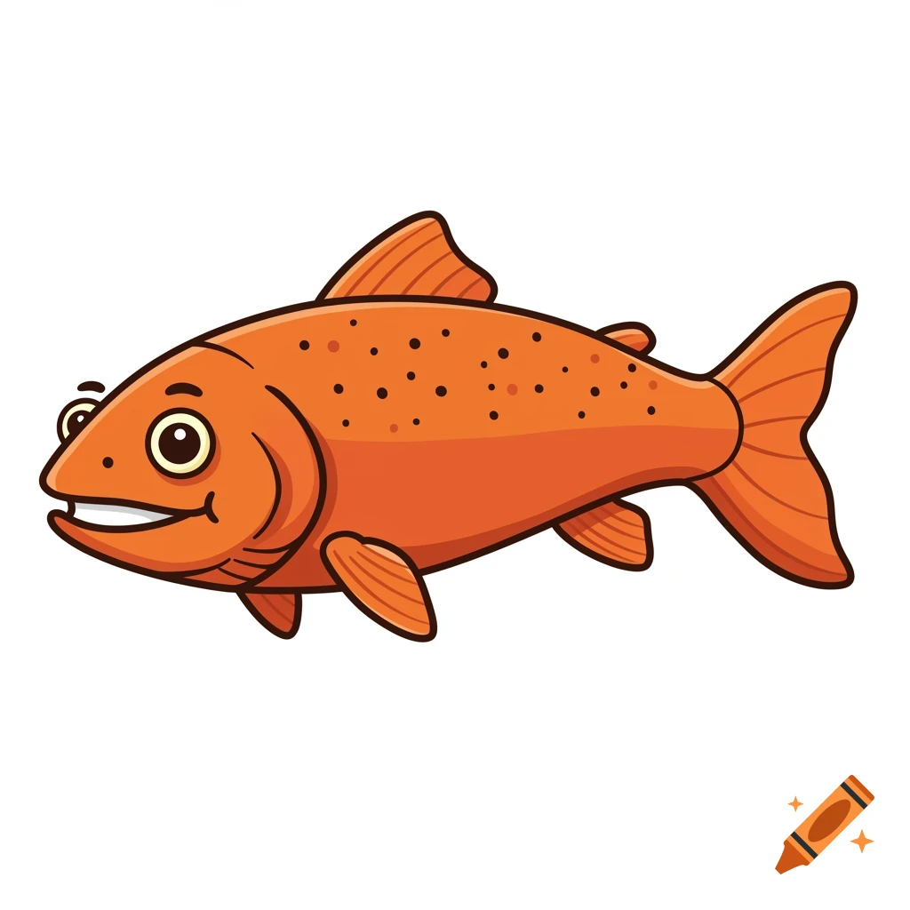 A cartoon orange fish with black spots and a large smile.