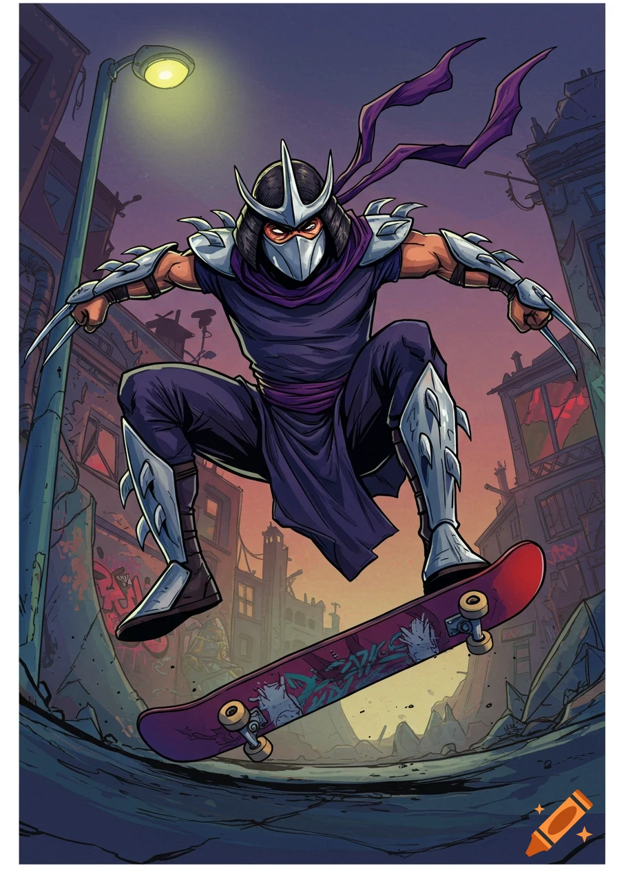 Illustration of Shredder from TMNT doing a kickflip on a skateboard in a city street.
