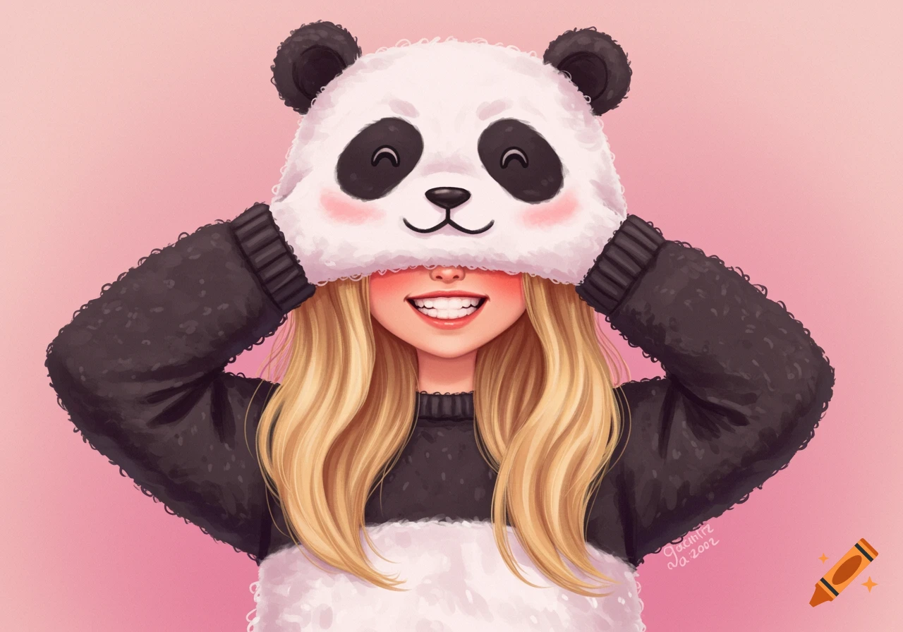 Illustration of a smiling blonde girl wearing a panda hat over her eyes