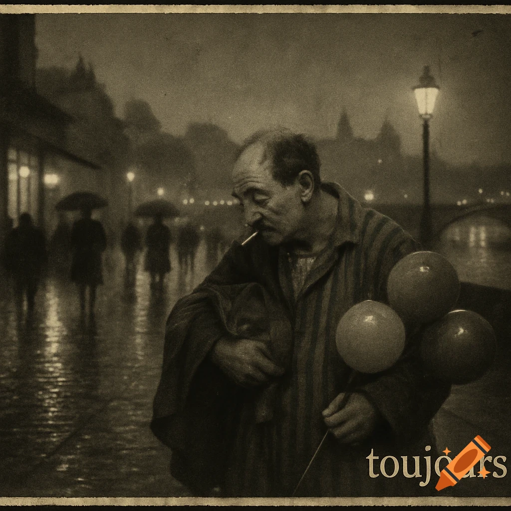 Vintage photo of a man with balloons smoking in a rainy street at night